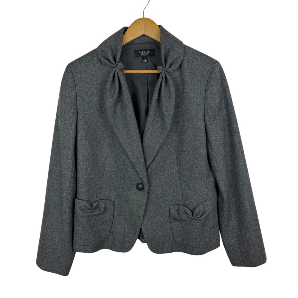 Talbots Grey Wool Blend Bow Accent Blazer Size 14P‎ Jacket Classic Minimalist